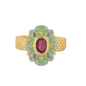 Garnet & Turquoise 14K Gold Vermeil Over Sterling Silver Art Deco Enameled Ring