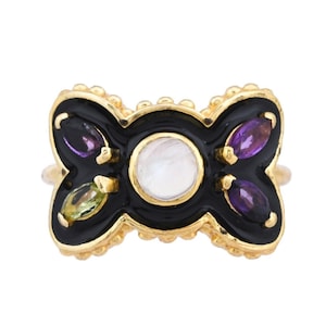 Moonstone, Amethyst, Tourmaline & Sapphire 14K Gold Vermeil Over Sterling Silver Art Deco Enameled Ring