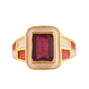 Garnet 14K Gold Vermeil Over Sterling Silver Art Deco Enameled Ring
