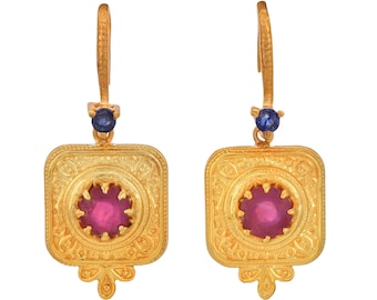 Robijn en blauwe saffier 14K gouden vermeil op sterlingzilveren oorbel