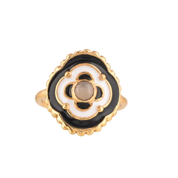 Labradorite 14K Gold Vermeil Over Sterling Silver Art Deco Enameled Ring