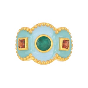 Emerald & Garnet 14K Gold Vermeil Over Sterling Silver Art Deco Enameled Ring