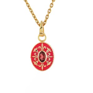 Garnet 14K Gold Vermeil Over Sterling Silver Art Deco Enameled Pendant