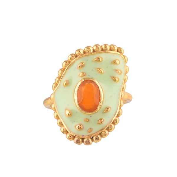 Carnelian 14K Gold Vermeil Over Sterling Silver Art Deco Enameled Ring