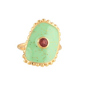 Garnet 14K Gold Vermeil Over Sterling Silver Art Deco Enameled Ring