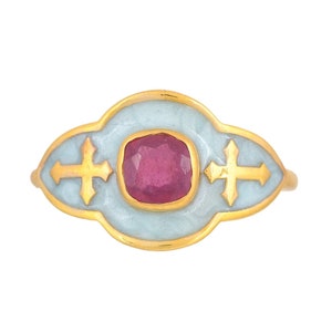 Ruby 14K Gold Vermeil Over Sterling Silver Art Deco Enameled Ring