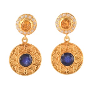 Blue Sapphire, Citrine & Pearl 14K Gold Vermeil Over Sterling Silver Earring