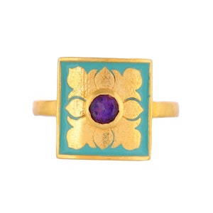Amethyst 14K Gold Vermeil Over Sterling Silver Art Deco Enameled Ring