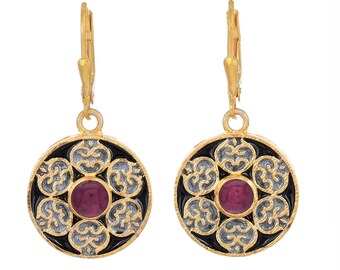 Ruby 14K Gold Vermeil Over Sterling Silver Art Deco Enameled Earring