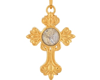 Labradorite 14K Gold Vermeil Over Sterling Silver Classic Handmade Cross Pendant