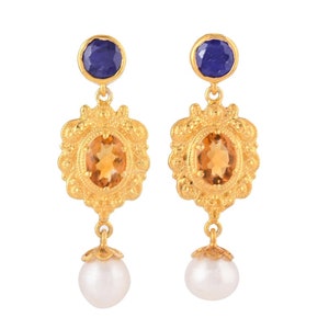 Blue Sapphire, Citrine & Pearl 14K Gold Vermeil Over Sterling Silver Earring