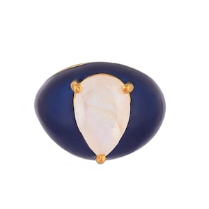 Moonstone 14K Gold Vermeil Over Sterling Silver Art Deco Enameled Ring