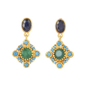 Emerald, Sapphire & Turquoise 14K Gold Vermeil Over Sterling Silver Stud Earring
