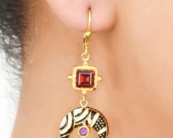 Garnet & Amethyst Vermeil 14K Gold Over Sterling Silver Enameled Earring