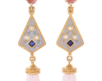 Blue Sapphire, Pearl, Pink Tourmaline & Topaz 14K Gold Vermeil Over Sterling Silver Enameled Earring