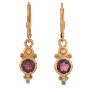 Brinco de ouro vermeil 14K com diamante, granada e citrino sobre prata esterlina