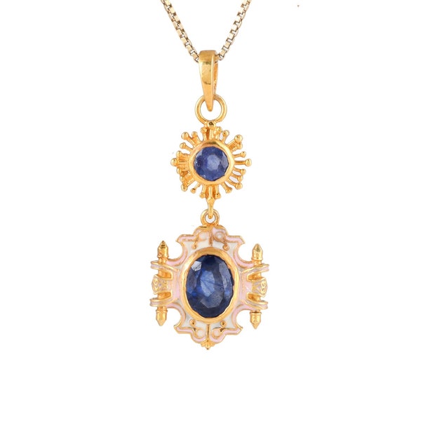 Blue Sapphire 14K Gold Vermeil Over Sterling Silver Art Deco Enameled Pendant