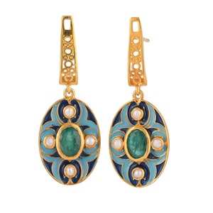 Emerald & Pearl Vermeil 14K Gold Over Sterling Silver Enameled Earring
