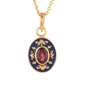 Garnet 14K Gold Vermeil Over Sterling Silver Art Deco Enameled Pendant