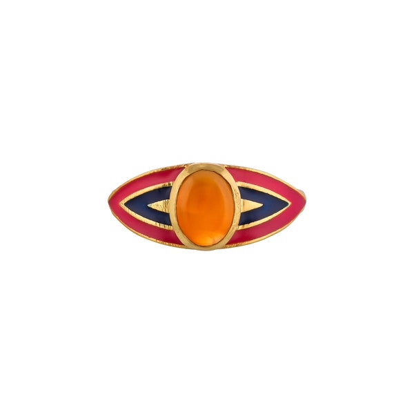 Carnelian 14K Gold Vermeil Over Sterling Silver Art Deco Enameled Ring