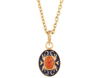 Carnelian 14k Gold Vermeil Over Sterling Silver Art Deco Enameled Pendant