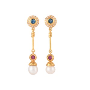 London Topaz, Ruby & Pearl 14K Gold Vermeil Over Sterling Silver Earring