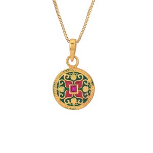 Ruby 14K Gold Vermeil Over Sterling Silver Art Deco Enameled Pendant