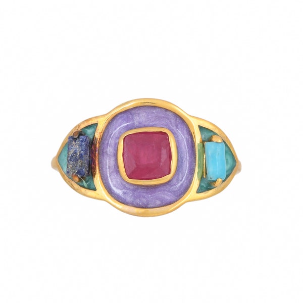 Ruby, Lapis Lazuli & Turquoise 14K Gold Vermeil Over Sterling Silver Art Deco Enameled Ring