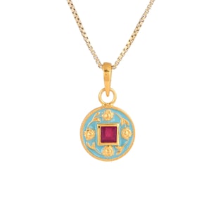 Ruby 14K Gold Vermeil Over Sterling Silver Art Deco Enameled Pendant