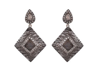 Rose Cut Diamond Oxidized 925 Sterling Silver Textured Earring