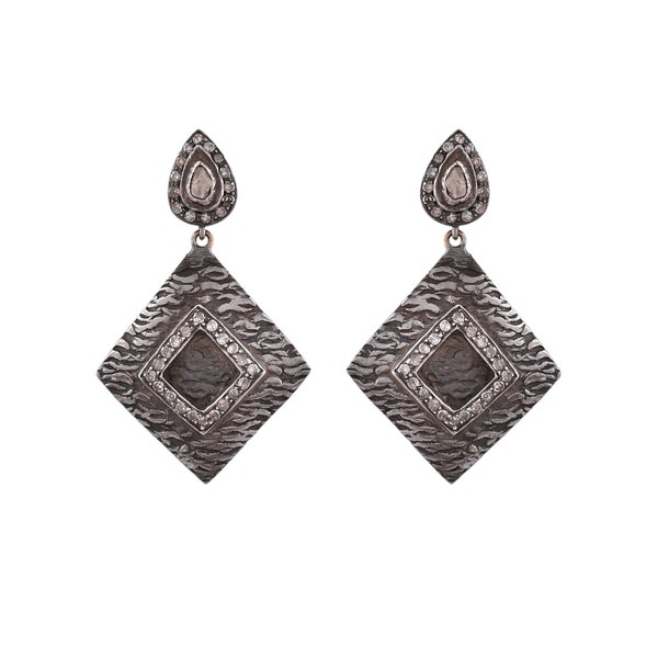 Rose Cut Diamond Oxidized 925 Sterling Silver Textured Earring