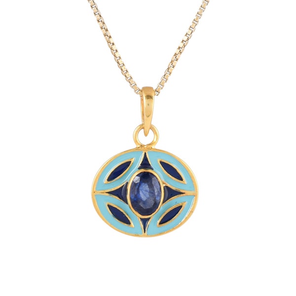 Blue Sapphire 14K Gold Vermeil Over Sterling Silver Art Deco Enameled Pendant