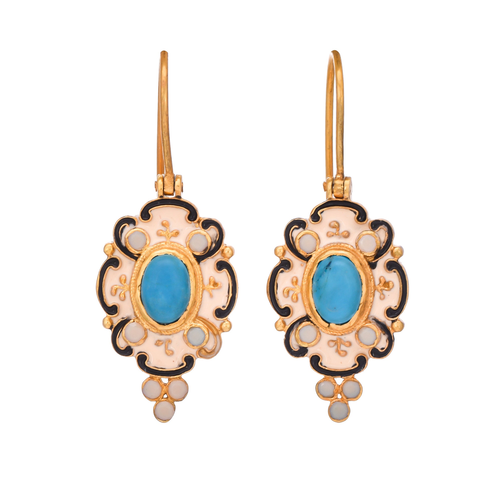 Turquoise & Pearl Vermeil 14K Gold Over Sterling Silver Art Deco Enameled Earring