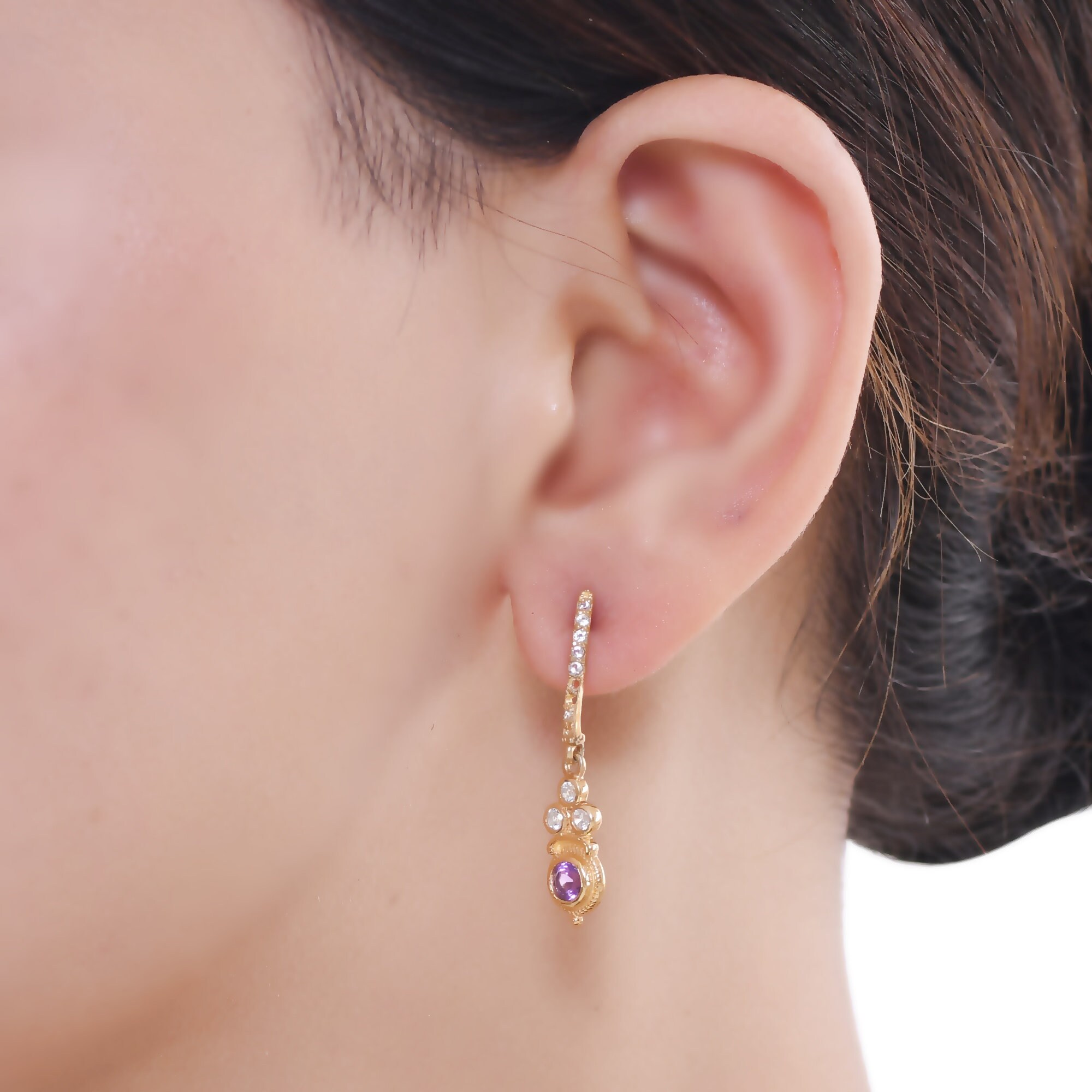 Boucles D'oreilles Anciennes En Vermeil - Améthyste Et Topaze Violettes, Style Pendantes Dormeuses
