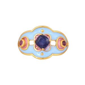 Blue Sapphire & Tourmaline 14K Gold Vermeil Over Sterling Silver Enameled Art Deco Ring