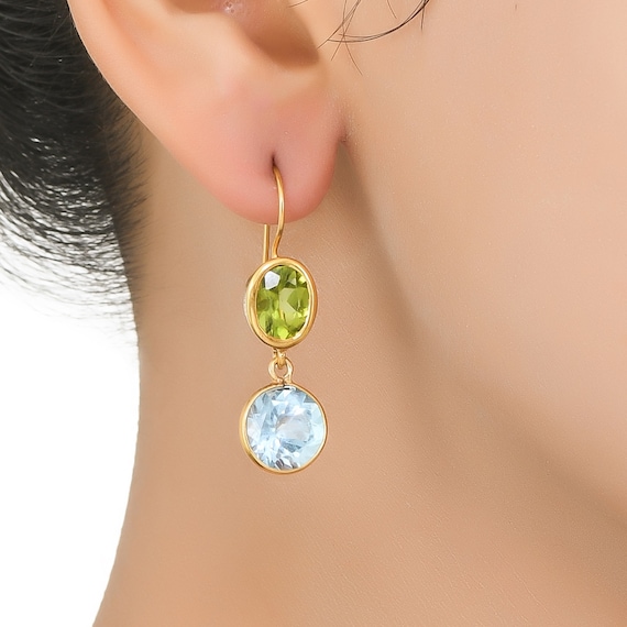 Orecchini in oro, peridoto, topazio blu, orecchini in oro 14k