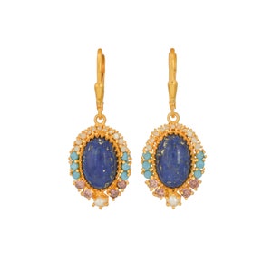 Lapis Lazuli, Turquoise, Tourmaline  & Pearl Vermeil 14K Gold Over Sterling Silver Earring