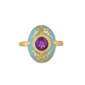 Amethyst 14K Gold Vermeil Over Sterling Silver Art Deco Enameled Ring