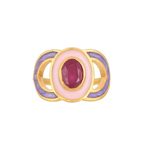 Ruby 14K Gold Vermeil Over Sterling Silver Art Deco Enameled Ring
