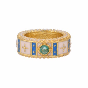Emerald 14K Gold Vermeil Over Sterling Silver Enameled Art Deco Ring