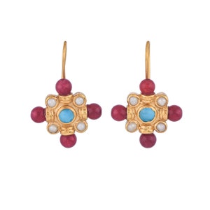 Ohrring aus 14-karätigem Gold und Sterlingsilber mit Türkis, Perle und Onyx-Vermeil