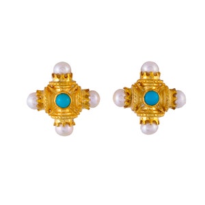 Türkis & Perle Vermeil 14K Gold über Sterling Silber Ohrring