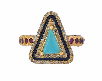 Diamond, Ruby & Turquoise 14K Gold Vermeil Over Sterling Silver Art Deco Enameled Ring