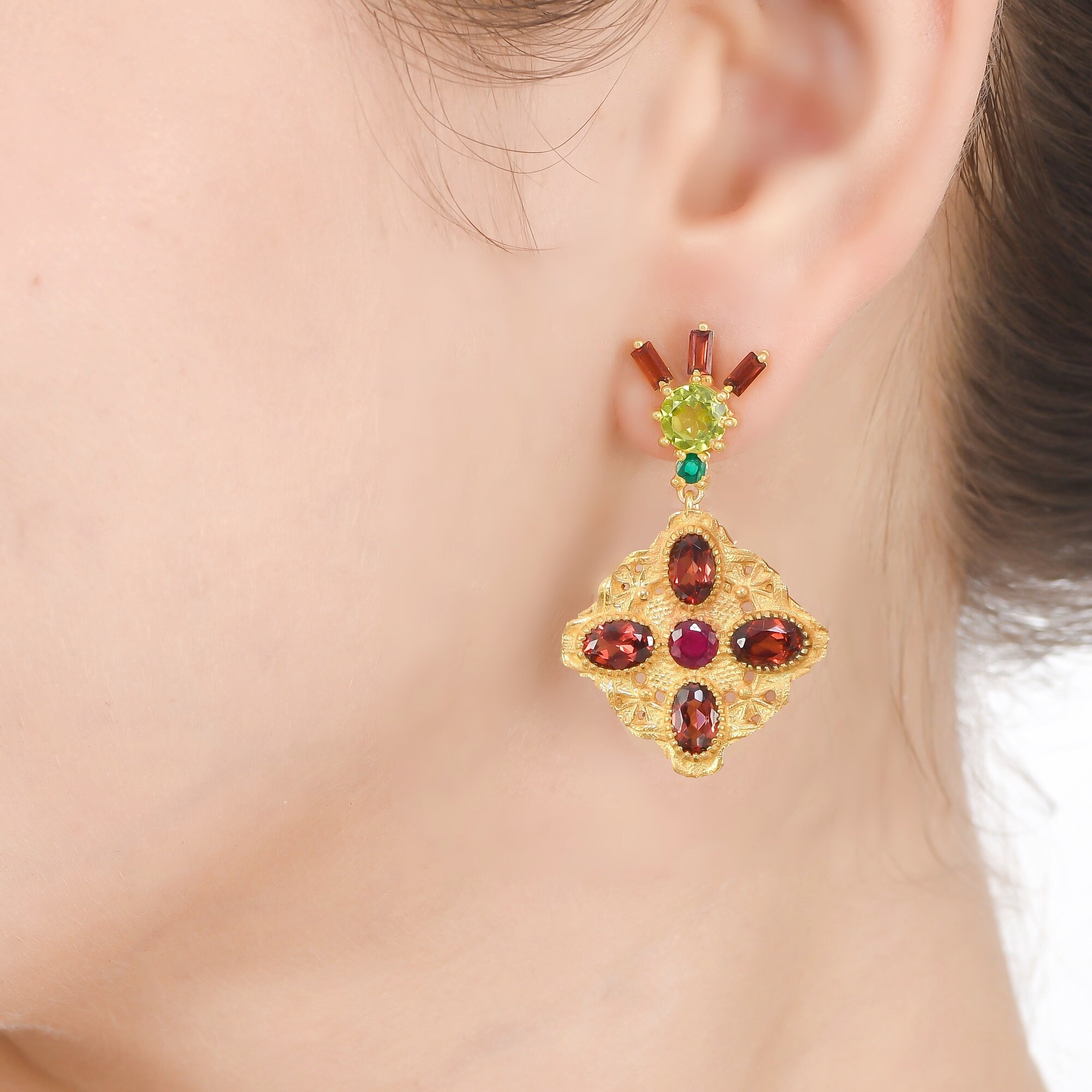 エメラルド、ペリドット、ガーネット 14K ゴールドヴェルメイユ