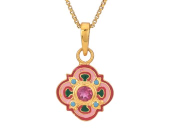 Pink Tourmaline & Turquoise 14k Gold Vermeil Over Sterling Silver Art Deco Enameled Pendant