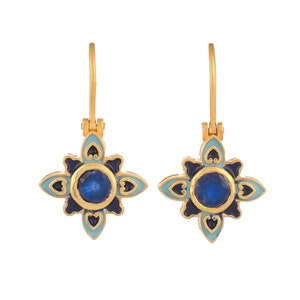 Blue Sapphire Vermeil 14K Gold Over Sterling Silver Enameled Art Deco Earring