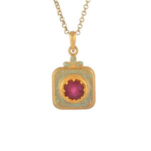 Ruby 14K Gold Vermeil Over Sterling Silver Art Deco Enameled Pendant