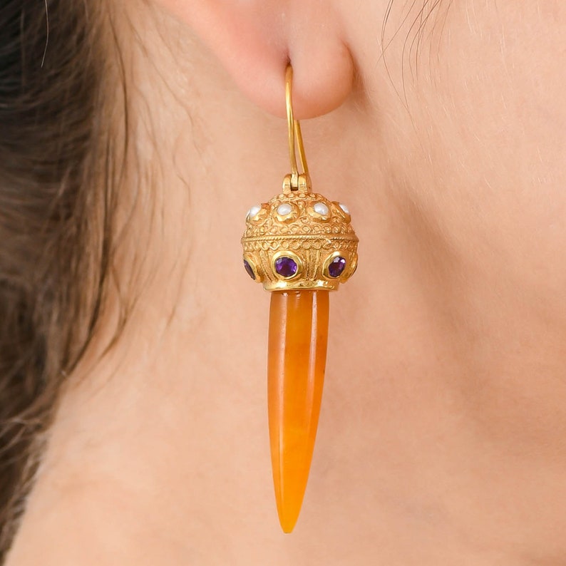 Amethyst,Pearl /& Onyx Vermeil 14K Gold Over Sterling Silver Earring