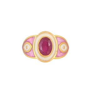 Ruby 14K Gold Vermeil Over Sterling Silver Art Deco Enameled Ring