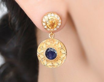 ブルーサファイア、シトリン、パール 14K ゴールド ヴェルメイユ